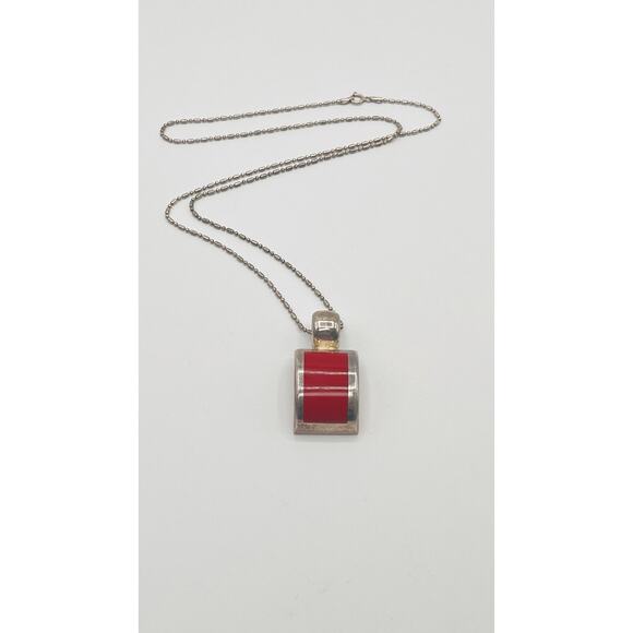 Vintage Taxco Mexico 925 Silver Fancy Link Chain Deep Red Jasper Inlay Pendant - Picture 1 of 10